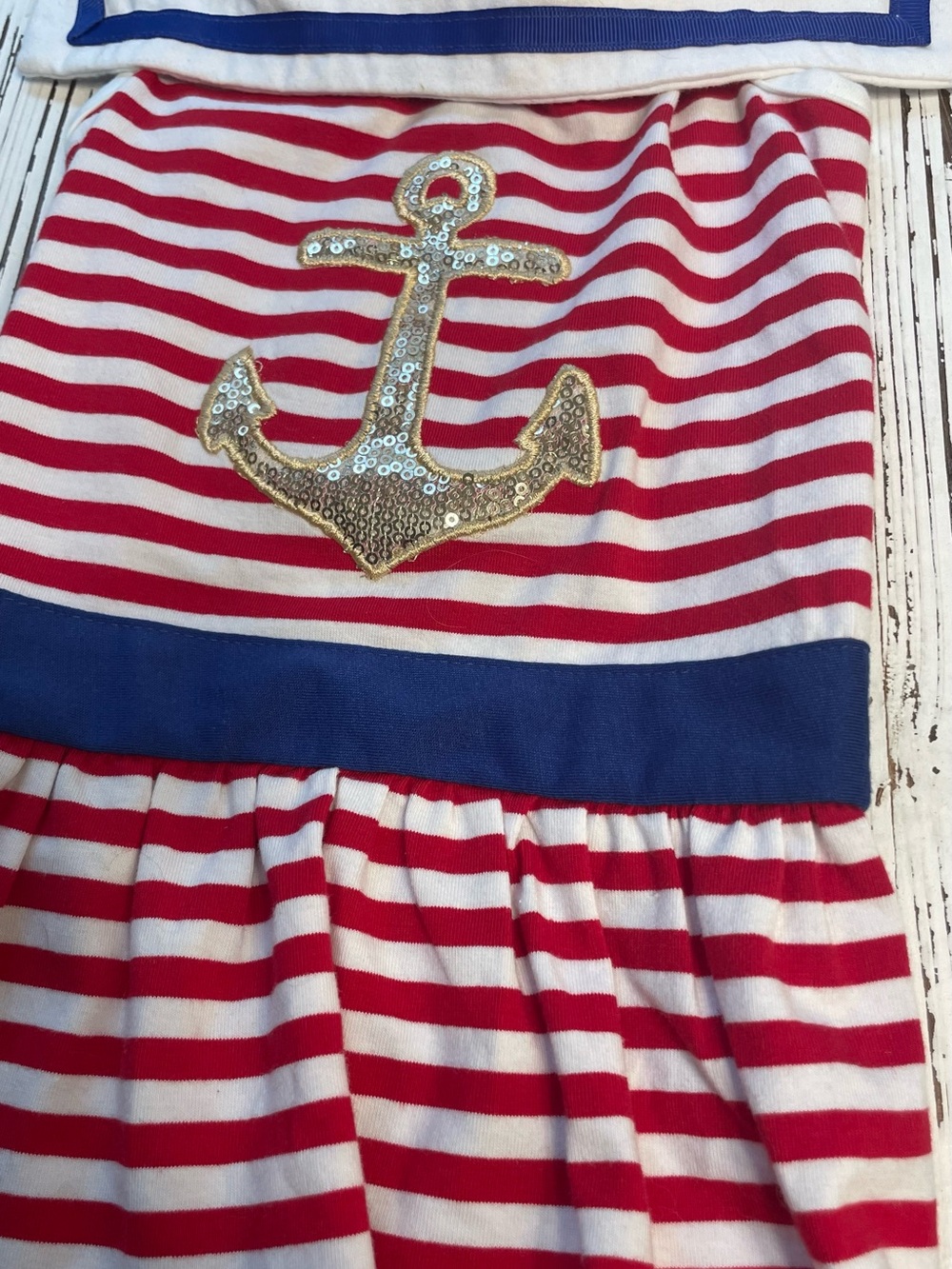 Nautical Red & White Striped Dog Dress with Gold Anchor